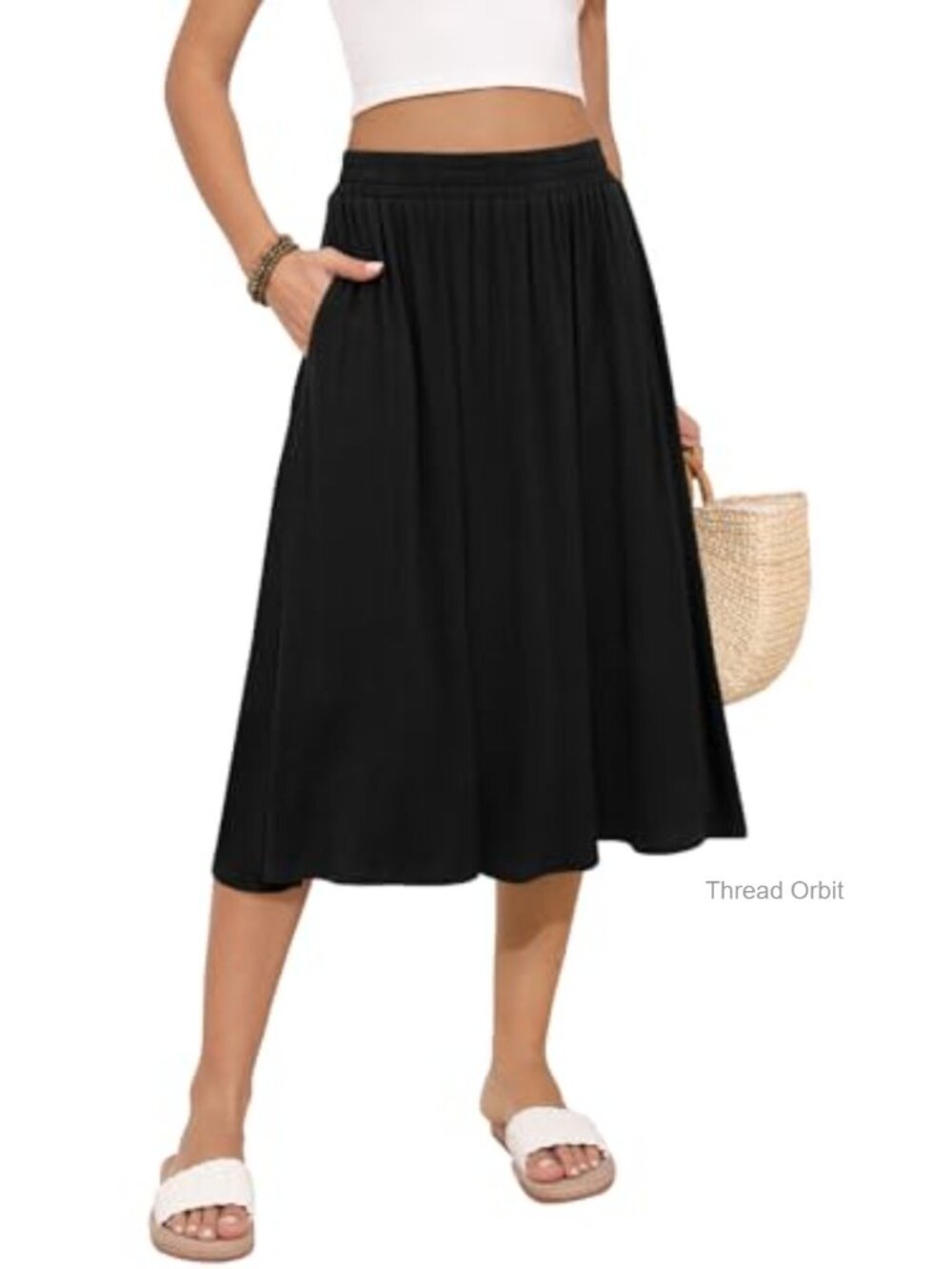 Women's Flowy Midi Skirt with Pockets, 95% Rayon 5% Spandex, A-Line